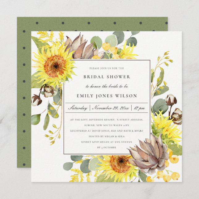 RUSTIC SUNFLOWER EUCALYPTUS FLORAL BRIDAL SHOWER INVITATION (Front/Back)