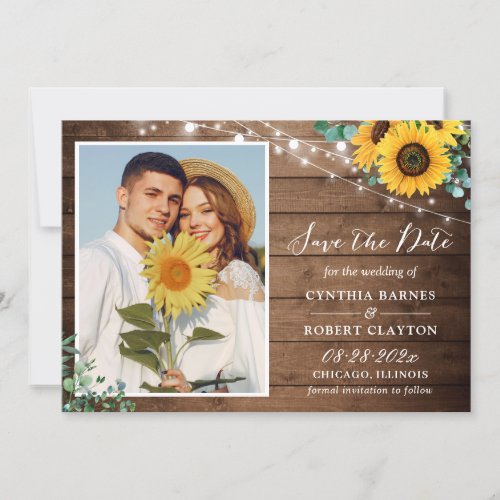 Rustic Sunflower Eucalyptus Floral Photo Wedding Save The Date - Rustic Sunflower Eucalyptus Floral Photo Wedding Save the Date Card. 
(1) For further customization, please click the "customize further" link and use our design tool to modify this template. 
(2) If you prefer Thicker papers / Matte Finish, you may consider to choose the Matte Paper Type.