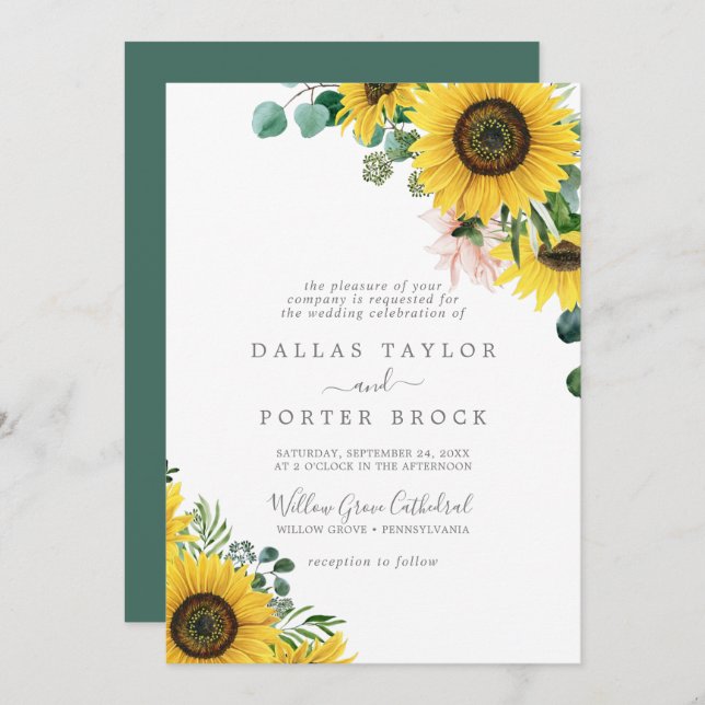 Rustic Sunflower Eucalyptus Formal Wedding Invitation (Front/Back)