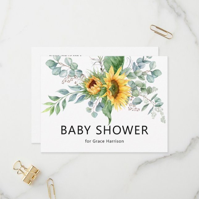 Rustic Sunflower Eucalyptus Greenery Baby Shower Invitation Postcard (Front/Back In Situ)