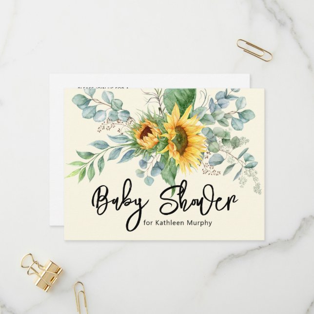 Rustic Sunflower Eucalyptus Greenery Baby Shower Invitation Postcard (Front/Back In Situ)
