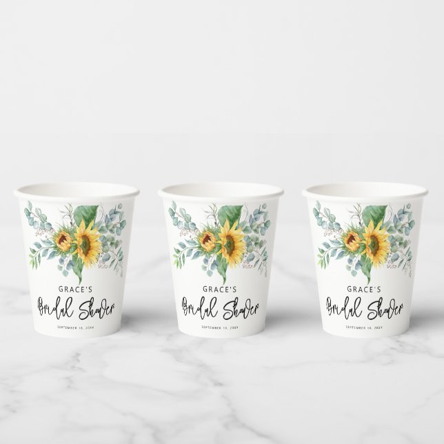 Rustic Sunflower Eucalyptus Greenery Bridal Shower Paper Cups (Multi)