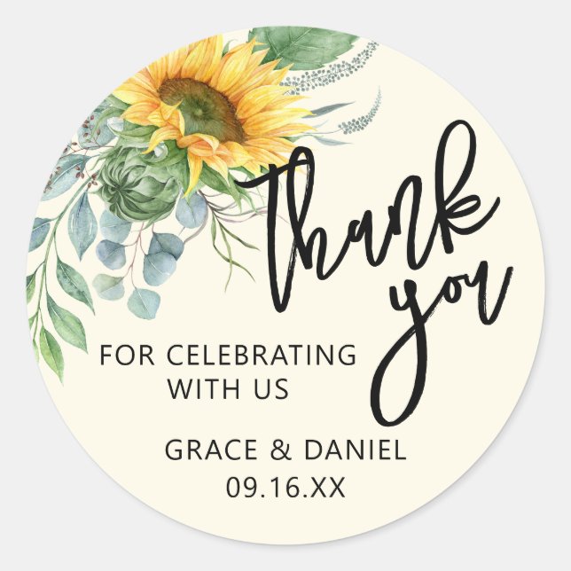 Rustic Sunflower Eucalyptus Greenery Thank You Classic Round Sticker (Front)