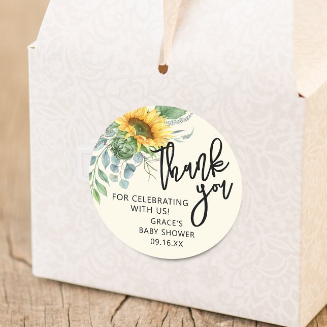 Rustic Sunflower Eucalyptus Greenery Thank You Classic Round Sticker (Rustic Sunflower Eucalyptus Greenery Thank You Classic Round Sticker)