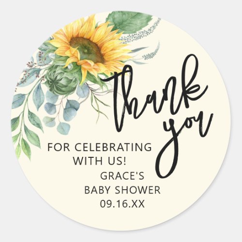 Rustic Sunflower Eucalyptus Greenery Thank You Classic Round Sticker