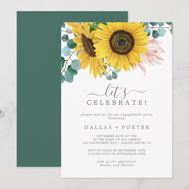 Rustic Sunflower Eucalyptus Let's Celebrate Invitation (Front/Back)