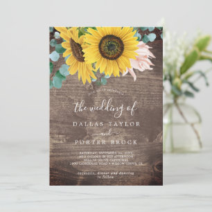 Rustic Sunflower Eucalyptus   Lighter Wood Wedding Invitation