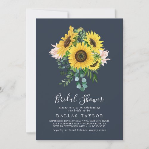 Rustic Sunflower Eucalyptus  Navy Bridal Shower Invitation