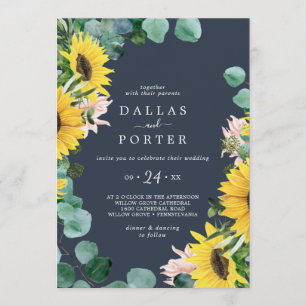 Rustic Sunflower Eucalyptus Navy Casual Wedding Invitation