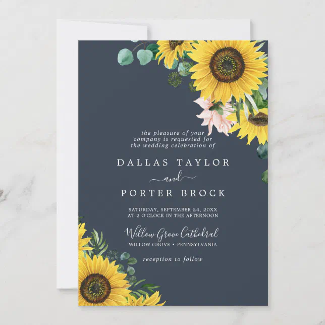 Rustic Sunflower Eucalyptus | Navy Formal Wedding Invitation | Zazzle