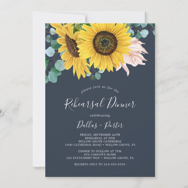 Rustic Sunflower Eucalyptus Navy Rehearsal Dinner Invitation (Front)