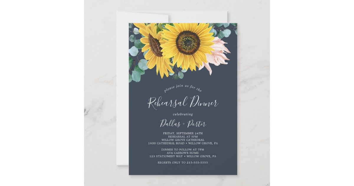 Rustic Sunflower Eucalyptus Navy Rehearsal Dinner Invitation | Zazzle