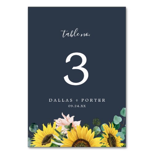 Rustic Sunflower Eucalyptus  Navy Table Number