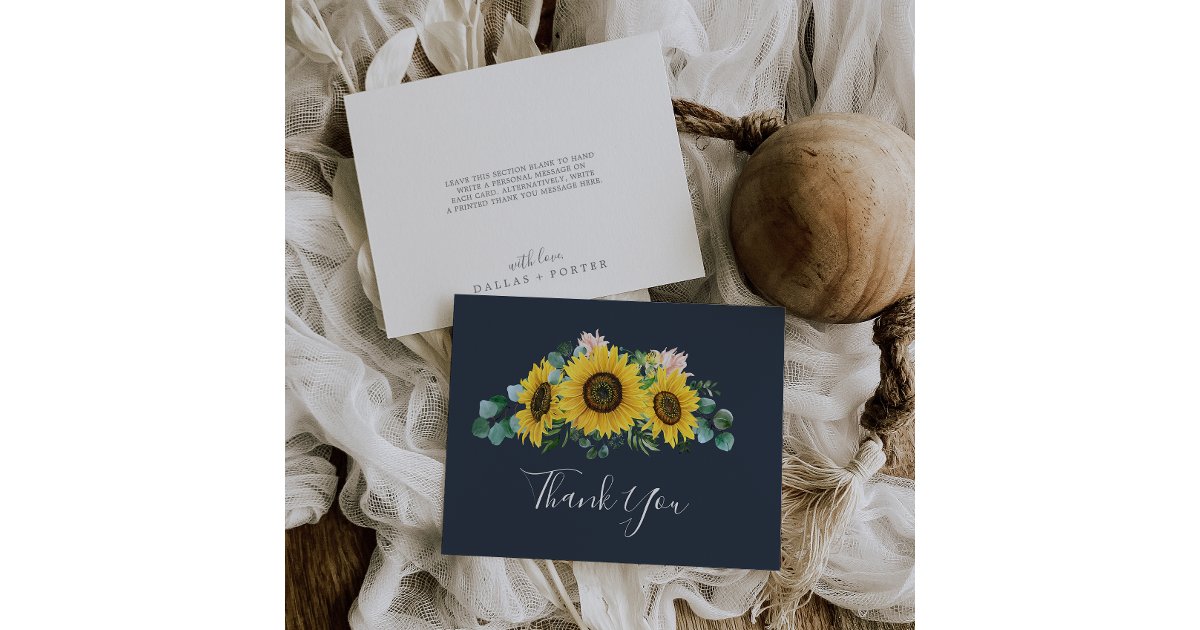 Rustic Sunflower Eucalyptus | Navy Thank You Card | Zazzle