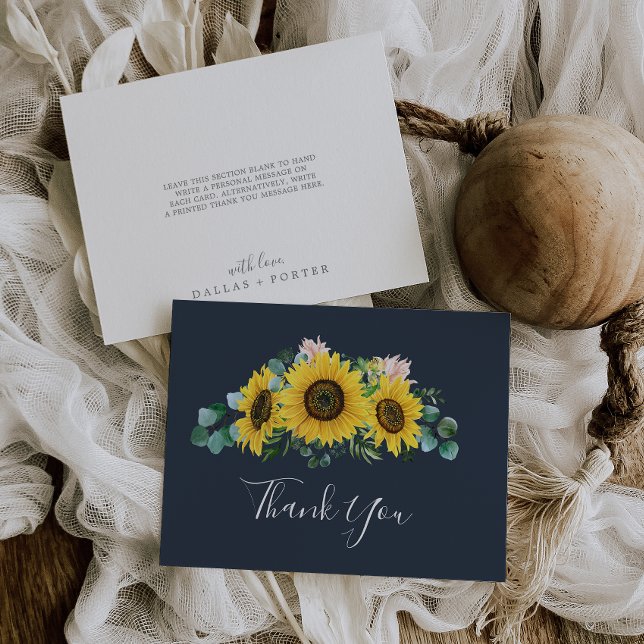 Rustic Sunflower Eucalyptus | Navy Thank You Card (Creator Uploaded)
