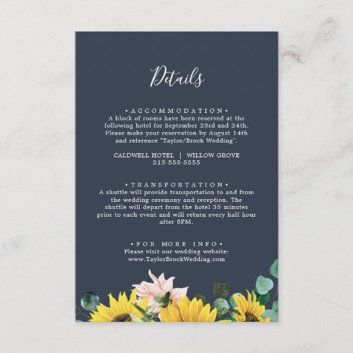 Rustic Sunflower Eucalyptus  Navy Wedding Details Enclosure Card