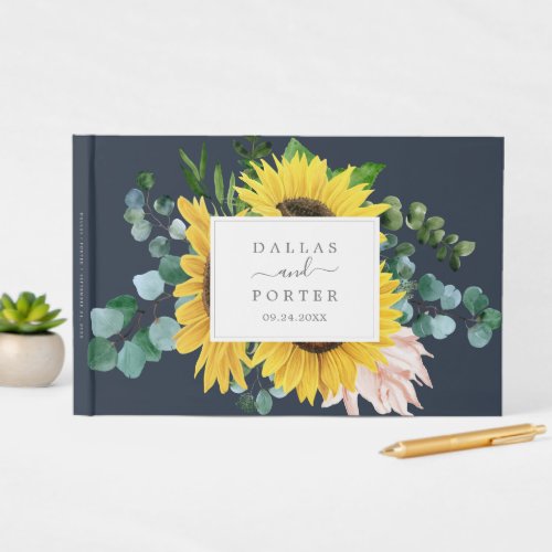 Rustic Sunflower Eucalyptus  Navy Wedding Guest Book
