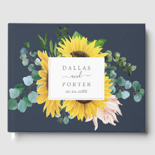 Rustic Sunflower Eucalyptus Navy Wedding Guest Book