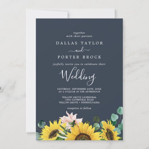 Rustic Sunflower Eucalyptus  Navy Wedding Invitation