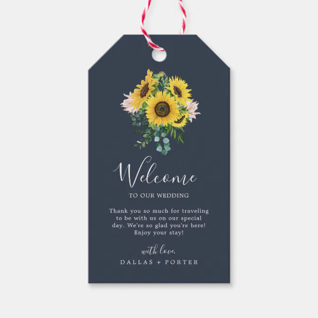 Rustic Sunflower Eucalyptus | Navy Wedding Welcome Gift Tags | Zazzle
