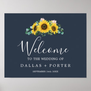Rustic Sunflower Eucalyptus   Navy Wedding Welcome Poster