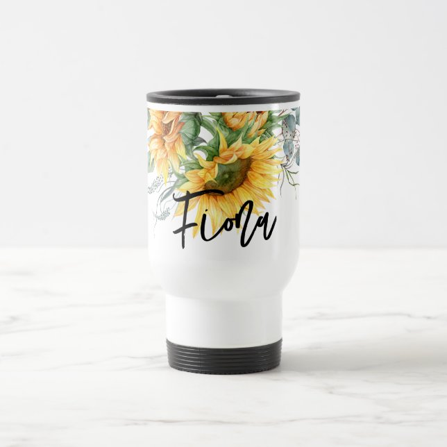 Rustic Sunflower Eucalyptus Personalized Travel Mug (Center)