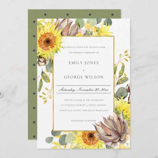 RUSTIC SUNFLOWER EUCALYPTUS PINE FLORAL WEDDING INVITATION (Front/Back)