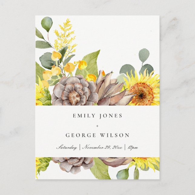 RUSTIC SUNFLOWER EUCALYPTUS PINE FLORAL WEDDING INVITATION POSTCARD (Front)