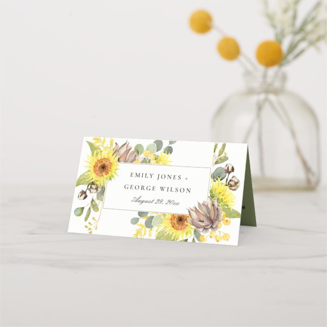 RUSTIC SUNFLOWER EUCALYPTUS PINE FLORAL WEDDING PLACE CARD (Back)