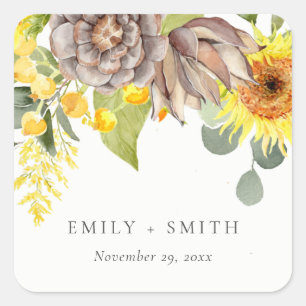 RUSTIC SUNFLOWER EUCALYPTUS PINE FLORAL WEDDING SQUARE STICKER