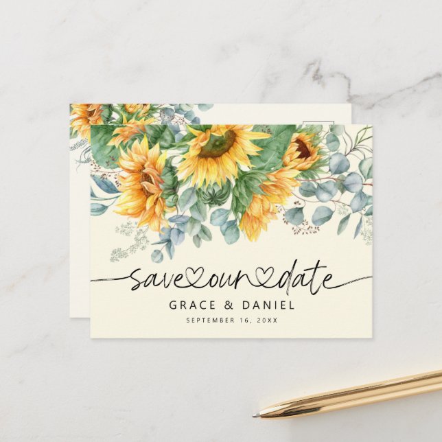 Rustic Sunflower Eucalyptus Save Our Date Announcement Postcard (Front/Back In Situ)