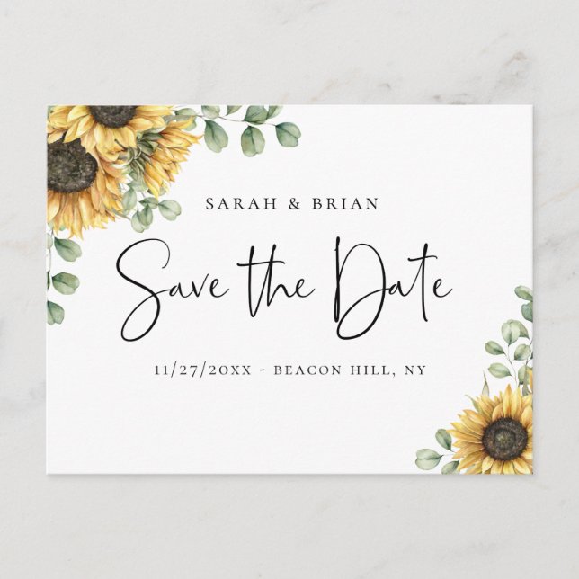 Rustic Sunflower Eucalyptus Save the Date Announcement Postcard (Front)