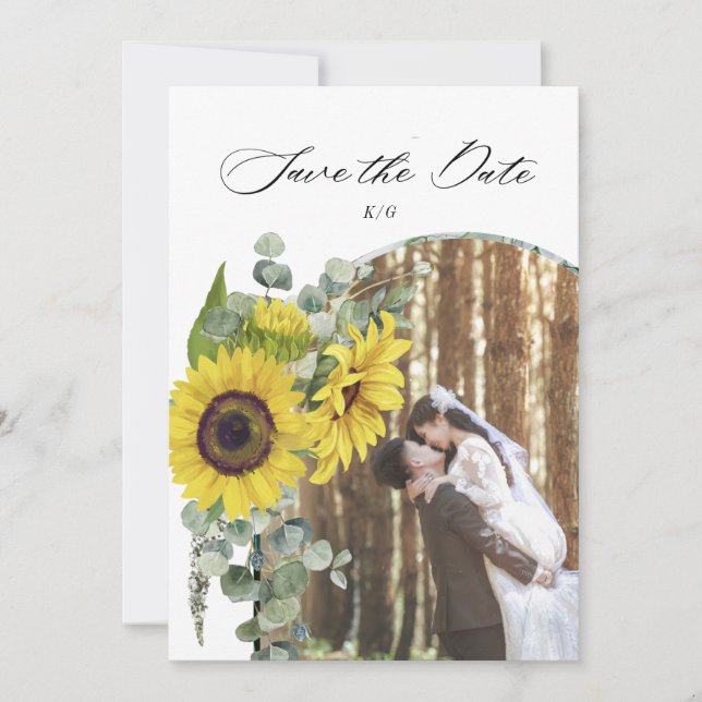 rustic sunflower eucalyptus save the date card (Front)