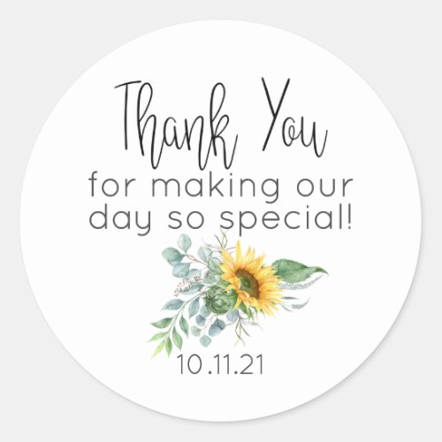 Rustic Sunflower Eucalyptus Simple Thank You Classic Round Sticker