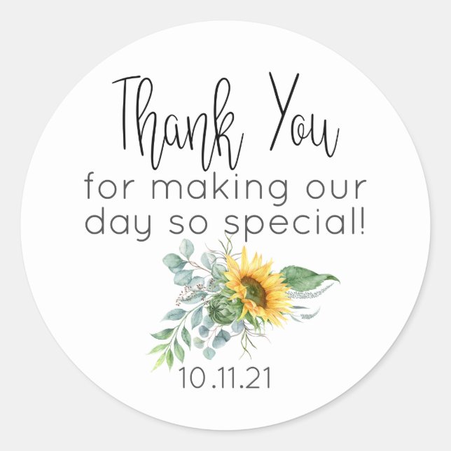 Rustic Sunflower Eucalyptus Simple Thank You Classic Round Sticker (Front)