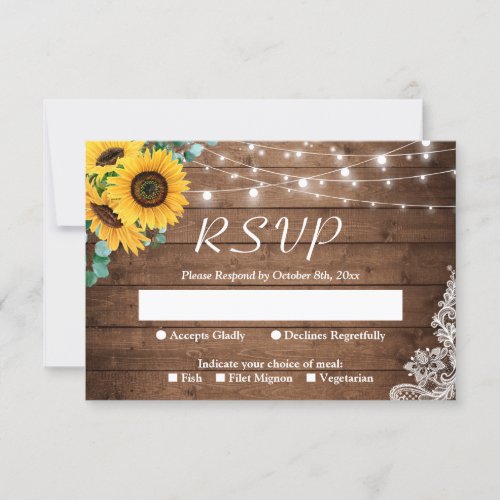 Rustic Sunflower Eucalyptus String Lights Wedding RSVP Card - Customize this beautiful "Rustic Sunflower Eucalyptus String Lights Wedding RSVP Card" to perfectly match your invitations. With this particular design, your guests can let you know if they can make it and what their meal preferences are. For further customization, please click the "customize further" link and use our design tool to modify this template. If you need help or matching items, please contact me.