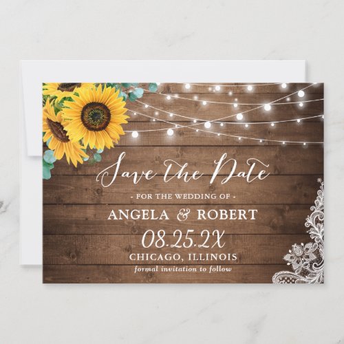 Rustic Sunflower Eucalyptus String Lights Wedding Save The Date - Rustic Wood Sunflower Eucalyptus Floral String Lights Wedding Save the Date Card. 
(1) For further customization, please click the "customize further" link and use our design tool to modify this template. 
(2) If you prefer Thicker papers / Matte Finish, you may consider to choose the Matte Paper Type.