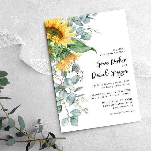 Rustic Sunflower Eucalyptus w/Website Info Wedding Invitation (Creator Uploaded)