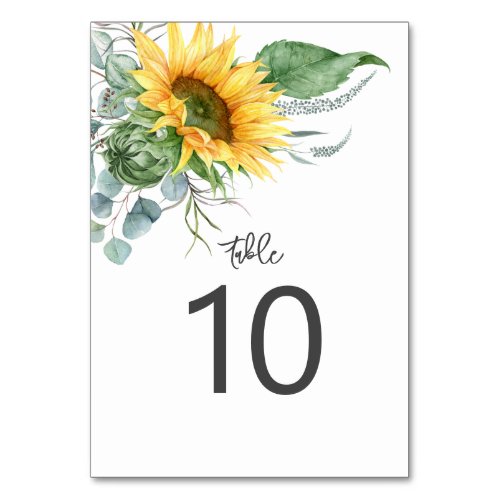 Rustic Sunflower Eucalyptus Watercolor Wedding Table Number