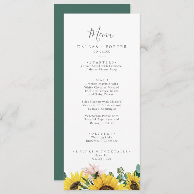 Rustic Sunflower Eucalyptus Wedding Dinner Menu (Front/Back)