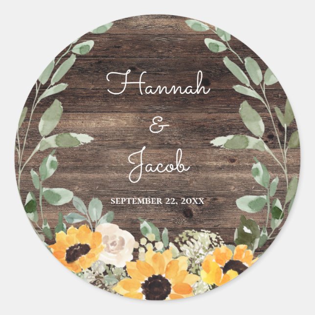 Rustic Sunflower Eucalyptus Wedding Favor Classic Round Sticker (Front)