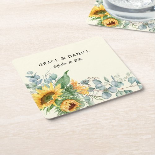 Rustic Sunflower Eucalyptus Wedding Favor Square Paper Coaster