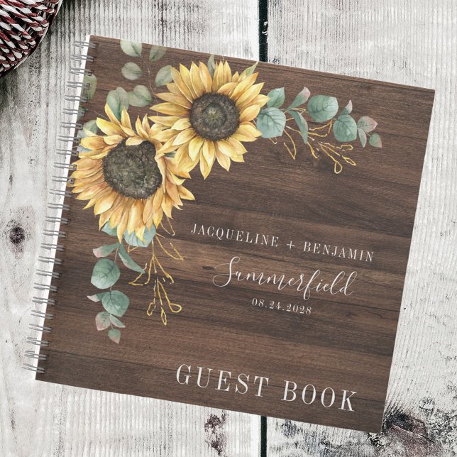 Rustic Sunflower Eucalyptus Wedding Guest Book (Wood Background Sunflower Eucalyptus Floral Wedding Guestbook)