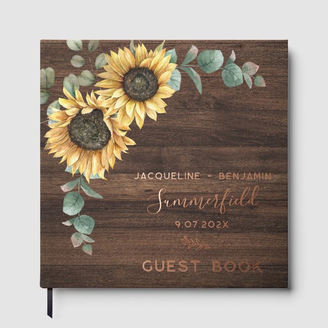 Rustic Sunflower Eucalyptus Wedding Rose Gold Foil Guest Book (Front)