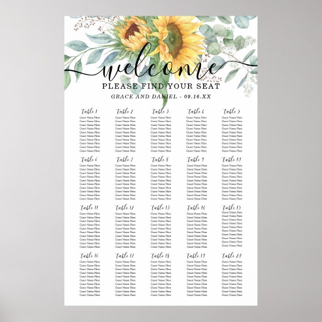Rustic Sunflower Eucalyptus Wedding Seating Cart Poster (Front)