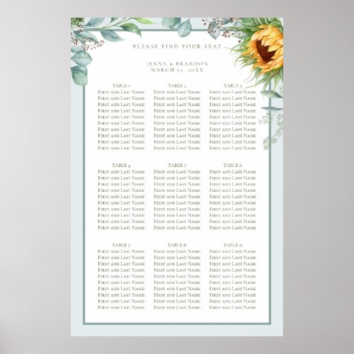 Rustic Sunflower Eucalyptus Wedding Seating Chart