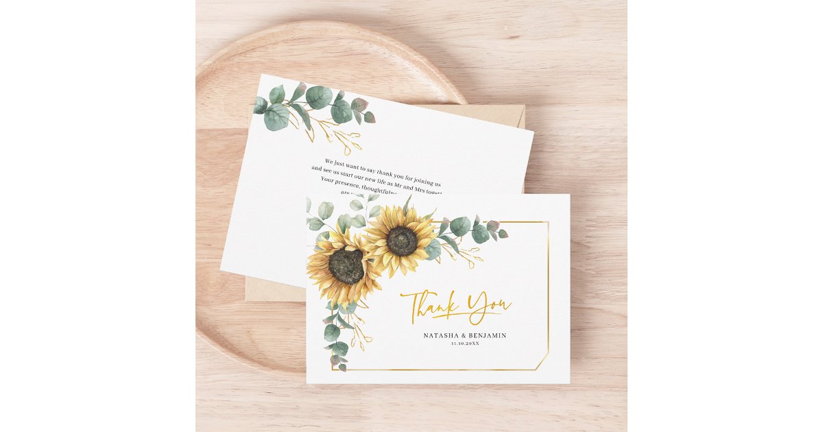 Rustic Sunflower Eucalyptus Wedding Thank You Card | Zazzle