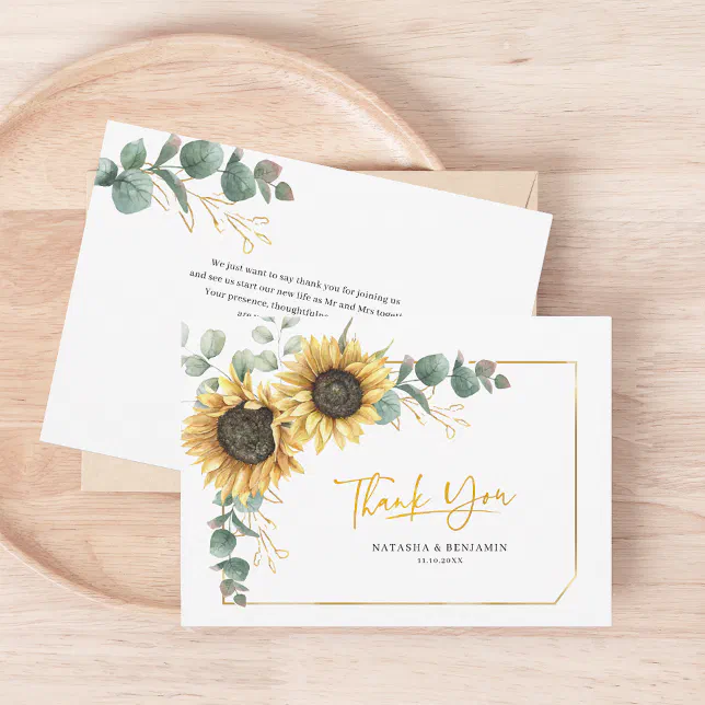 Rustic Sunflower Eucalyptus Wedding Thank You Card | Zazzle