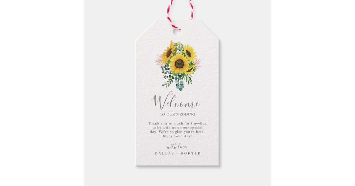 Rustic Sunflower Eucalyptus Wedding Welcome Gift Tags | Zazzle