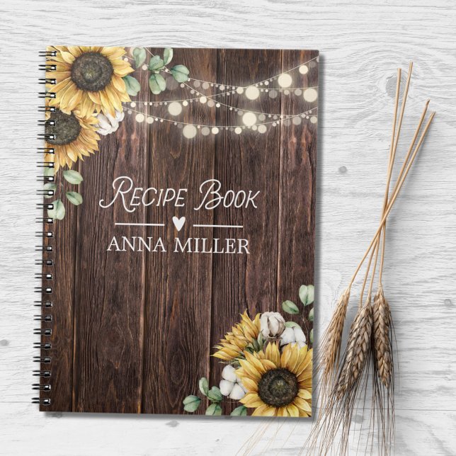 Rustic Sunflower Eucalyptus Wood Boho Recipe Notebook (In situ)